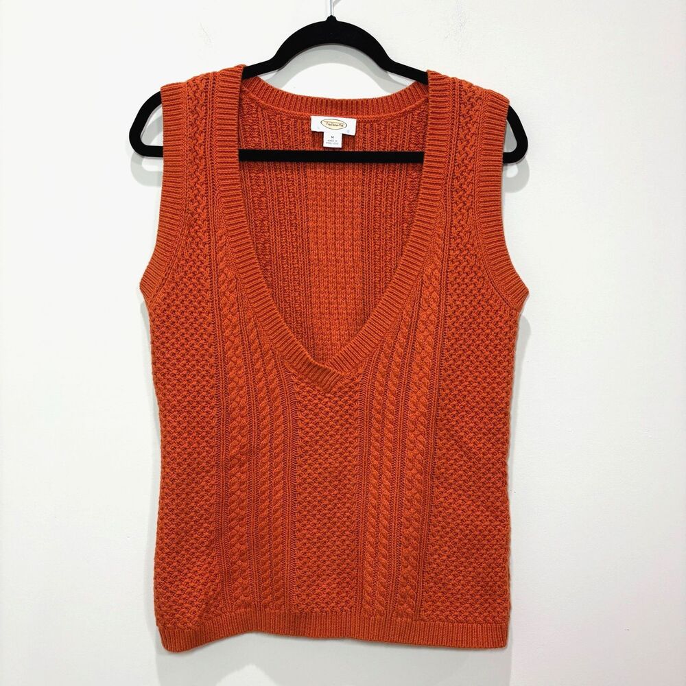 Vintage Cashmere Cotton Sweater Vest Cable Knit Women M Rust Orange Academia Y2K
